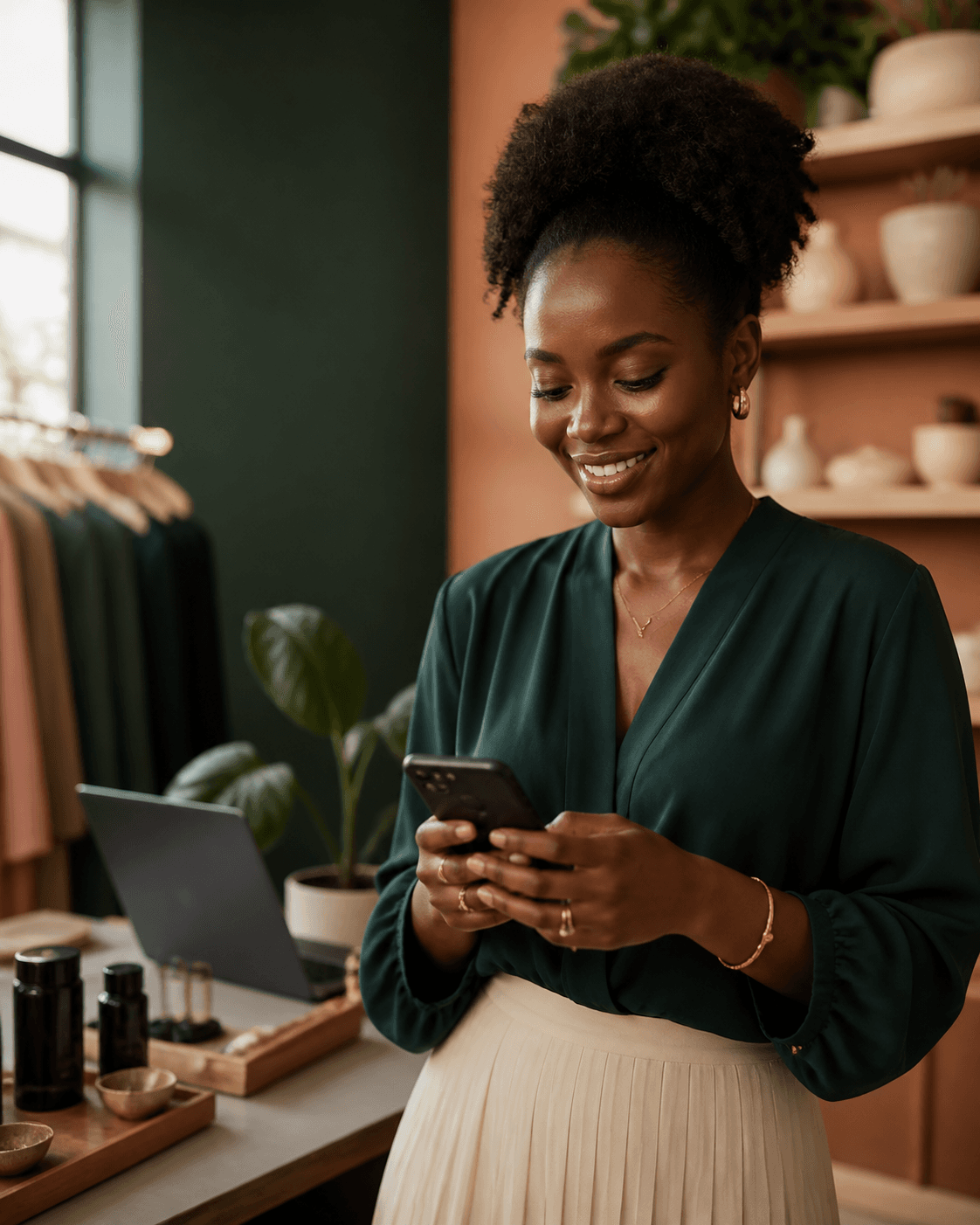 Entrepreneure utilisant son téléphone pour gérer ses clients